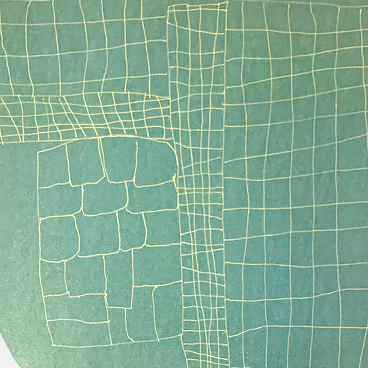 The artwork 'Griddish' by Sunny Chapman features an abstract geometric composition on metallic seafoam green paper. Delicate cream-colored grid lines create an irregular pattern, combining both curved and straight elements. The design showcases varying cell sizes and organic distortions, reminiscent of textile patterns or urban maps. Executed in gel pen on premium metallic paper.