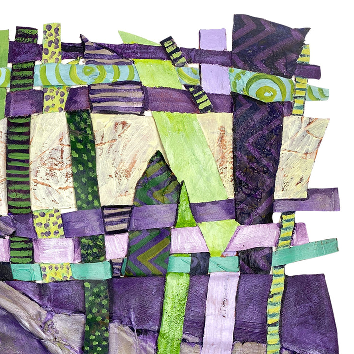 The artwork 'Healthy Streaming' by Christina Massey features an abstract woven composition of interlacing strips in purple, lime green, and soft lavender tones. The mixed media piece combines acrylic paint on canvas and paper, creating a textured geometric pattern with striped, dotted, and chevron details throughout the layered composition.