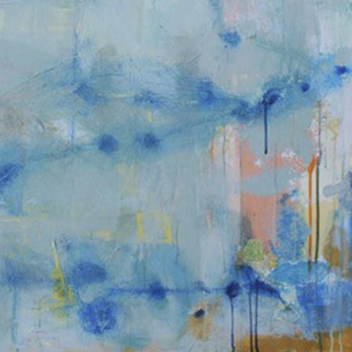 The artwork 'Hudson Wall' by Shira Toren features ethereal layers of blue and peach tones created with Venetian plaster and graphite on canvas. Abstract drips and splatters flow throughout the composition, evoking a misty waterscape with subtle yellow accents. The textural elements and fluid brushwork create a dreamy, atmospheric effect across the 54x50 inch surface.