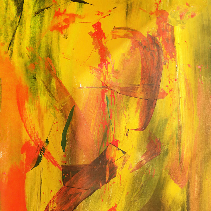 The artwork 'I Have a Dream' by Cavier Coleman features vibrant abstract expressionism with dynamic brushstrokes in yellow, orange, and green hues. Bold red splashes and curved brown forms create movement across the canvas, while textural elements in acrylic, oil, and pastel contribute to its energetic composition.