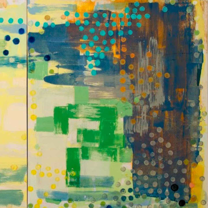 The artwork 'India Street Landing' features an abstract composition with cascading turquoise and orange dots against a dynamic background of deep blues, vibrant greens, and soft yellows. The oil painting showcases textural brushstrokes and geometric patterns, creating a rhythmic flow across the canvas. Scattered circular elements add depth and movement to this contemporary piece by Molly Herman.