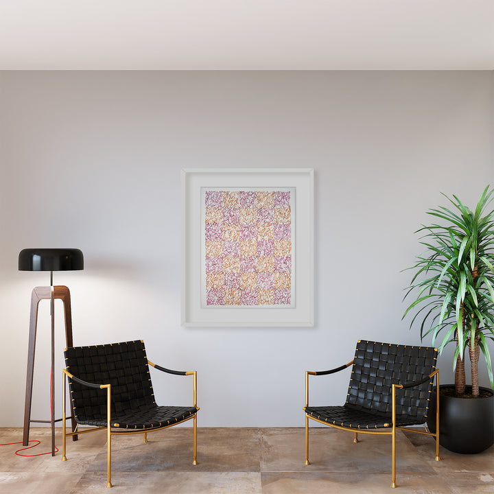 The artwork 'Intersection' by Megan Olson features an intricate abstract pattern in soft lavender and golden yellow hues, created with watercolor and gouache on paper. The delicate composition showcases overlapping organic shapes and fluid lines, creating a mesmerizing lattice-like effect that fills the white-framed piece measuring 37 x 29 inches.