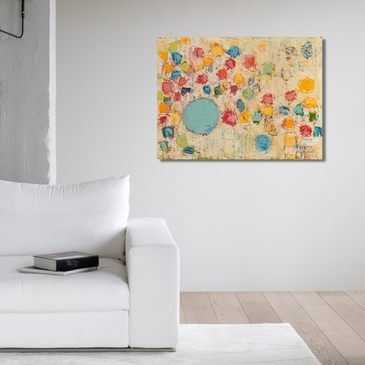 The artwork 'Jumping Rolling Baby' features a vibrant abstract composition with a prominent turquoise circle surrounded by scattered multi-colored squares and dots in red, blue, yellow, and orange against a textured cream background. The oil on canvas piece creates a playful, dynamic movement through its arrangement of geometric shapes. By Ayane Kurai.