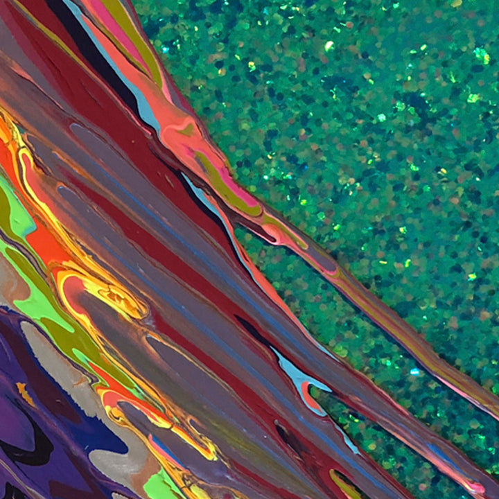 Kinetic e-Mini Collection XXIX by Paola Gracey features dynamic diagonal flows of marbled burgundy, orange, and deep purple against a sparkling emerald green background. The abstract composition showcases fluid acrylic paint movement enhanced with luminous glitter and glossy epoxy resin finish, creating a mesmerizing interplay of colors and textures on a 16x16 inch panel.