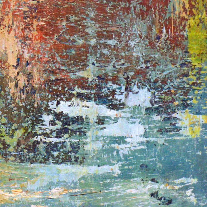 The artwork 'Lay' by Jacqueline Ferrante features an abstract composition with dynamic textures and layered colors. Rust reds and turquoise blues dominate, with splashes of yellow and white creating depth. The acrylic on Dura-Lar technique produces a weathered, textural effect reminiscent of aged surfaces, with gestural brushstrokes and organic patterns throughout the composition.