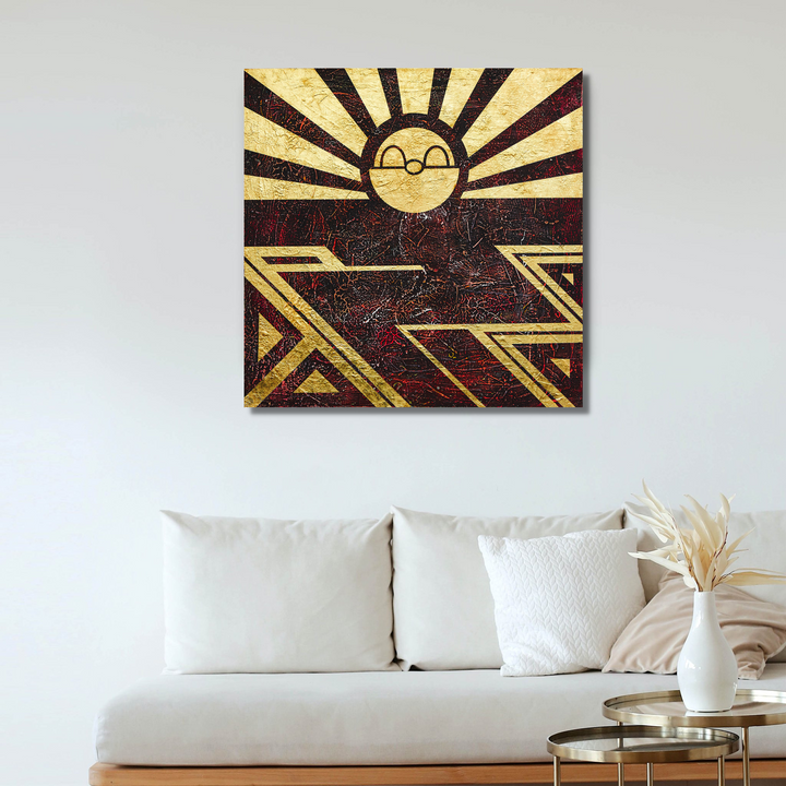 The artwork 'Leap of Faith' by Yusuke Ochiai features a stylized sun with radiating golden rays against a deep burgundy background, complemented by bold geometric zigzag patterns in gold leaf. The 34x34 inch acrylic painting on wood combines Art Deco influences with modern minimalist design, creating a striking contrast between metallic and dark tones by Yusuke Ochiai.