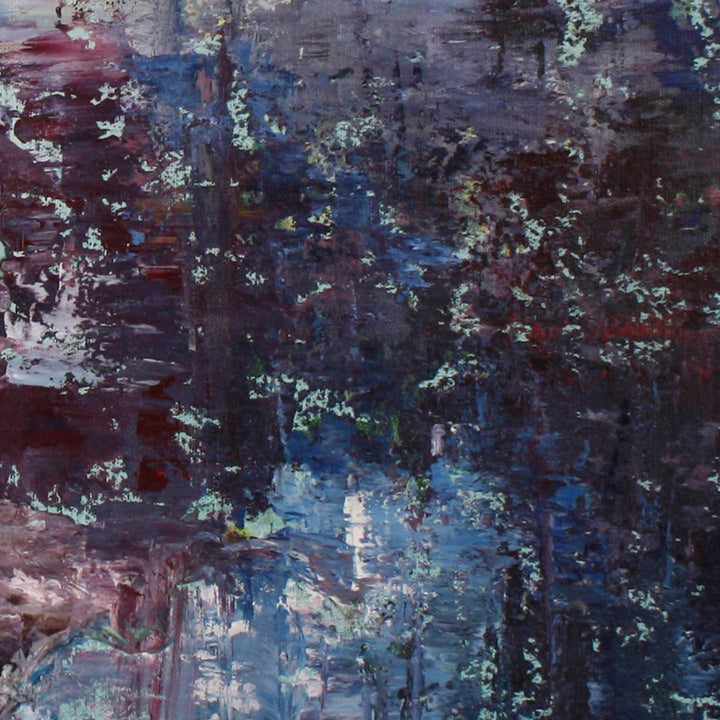 The artwork 'Lichen III' by Jacqueline Ferrante features an abstract composition with textural layers of deep blues, burgundy reds, and silvery mint accents. The painting evokes a naturally weathered surface, with sporadic patterns resembling organic lichen growth across a moody, atmospheric canvas, created using acrylic and mixed media techniques.