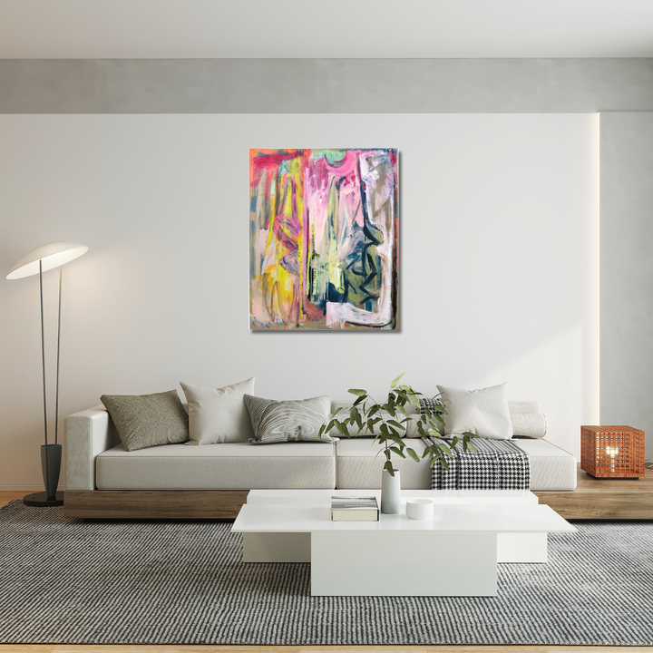 The artwork 'Looming Rehearsal' by Molly Herman features dynamic abstract brushstrokes in vibrant pink, yellow, and teal tones against a white background. The oil on linen painting showcases fluid, vertical movements with gestural marks creating a sense of motion and depth, measuring 58 by 48 inches, perfect for contemporary interior spaces.