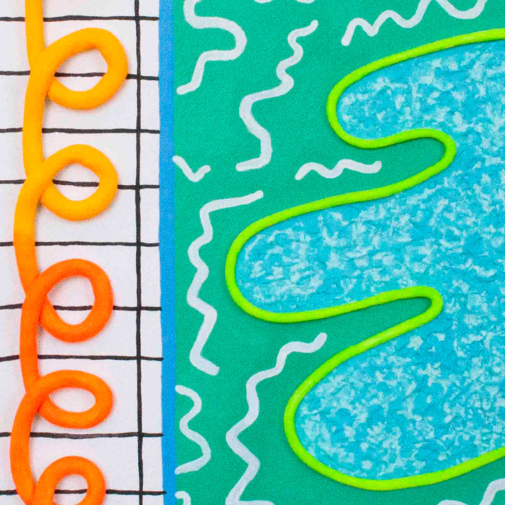 The artwork 'Loop-de-Bloop' by Ryan Patrick Martin features vibrant orange spiral patterns against a gridded background, contrasting with turquoise and neon green wavy lines. The mixed-media piece combines epoxy clay and acrylic paint, showcasing playful geometric elements with organic flowing curves. The composition creates a dynamic interplay between structured and fluid forms on canvas.