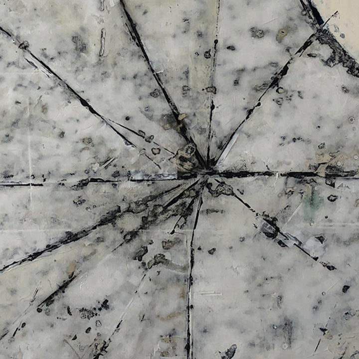 The artwork 'Lotus Remake' by Shira Toren features a striking radial pattern in Venetian plaster with graphite. Dark linear elements burst from a central point creating a dramatic spider web-like structure against a marbled white and gray background. The textured surface showcases organic patterns and subtle variations in tone, measuring 30 by 32 inches. By Shira Toren.