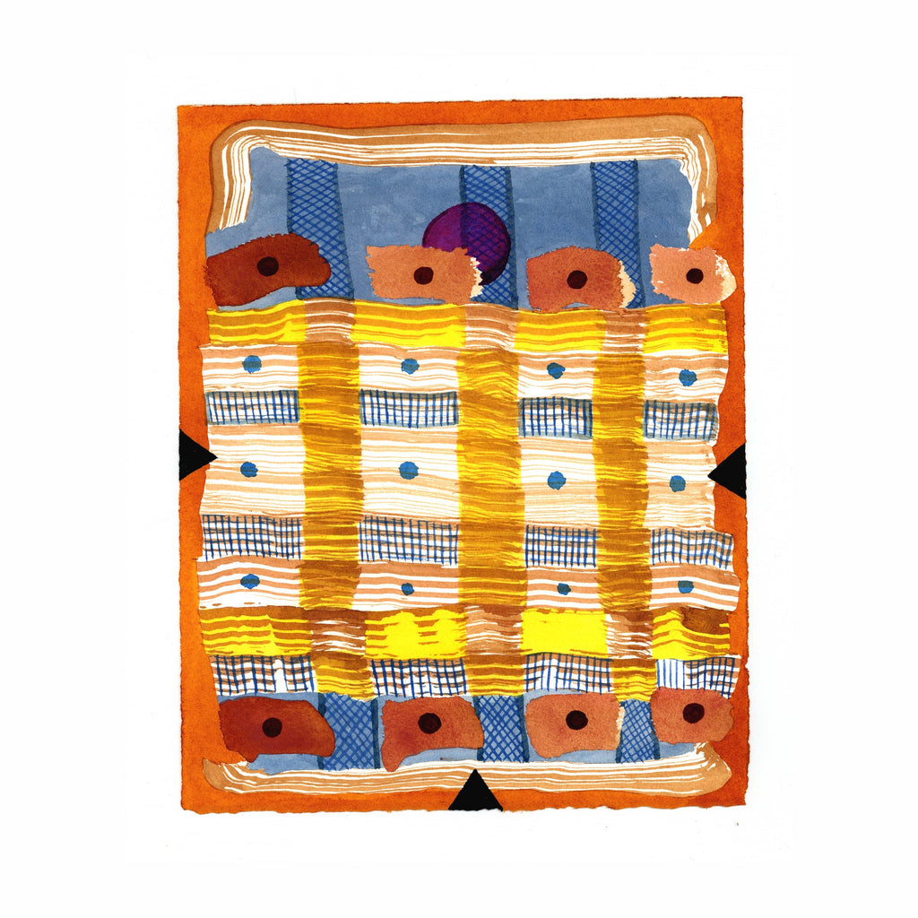 The artwork 'PPR267' by Max Manning features a geometric abstract composition with repeating patterns in vibrant orange, yellow, and blue. Vertical stripes alternate with dotted elements and checkered textures, creating a woven effect. The watercolor and gouache technique adds depth and luminosity, bordered by a warm orange frame.