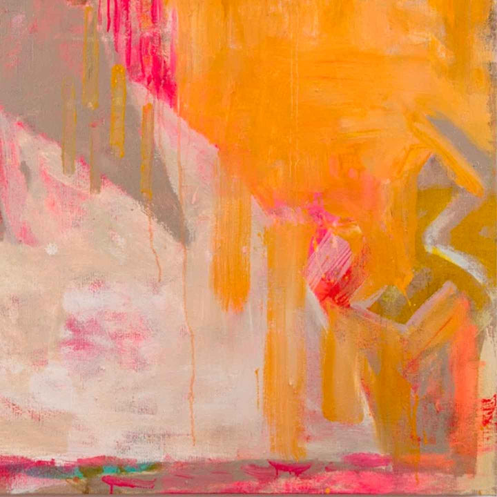 The artwork 'Matin' by Molly Herman features vibrant abstract expressionism with bold orange and pink hues. Dynamic brushstrokes create a fluid composition on linen, with ethereal white passages contrasting against warm tones. Textural elements and gestural marks suggest movement across the 50x40 inch canvas, embodying a contemporary abstract aesthetic. By Molly Herman.