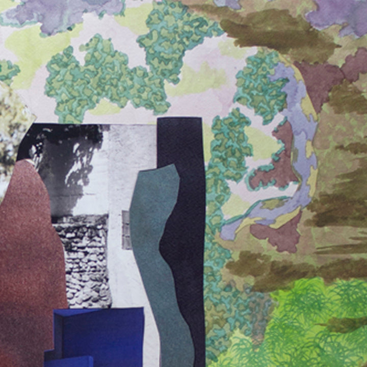 The artwork 'Memento' by Winnie Sidharta features a mixed media collage combining abstract shapes in teal, navy blue, and burgundy against a watercolor background of soft greens and purples. The composition includes geometric forms and textural elements, creating a dynamic interplay between collage elements and painted surfaces.