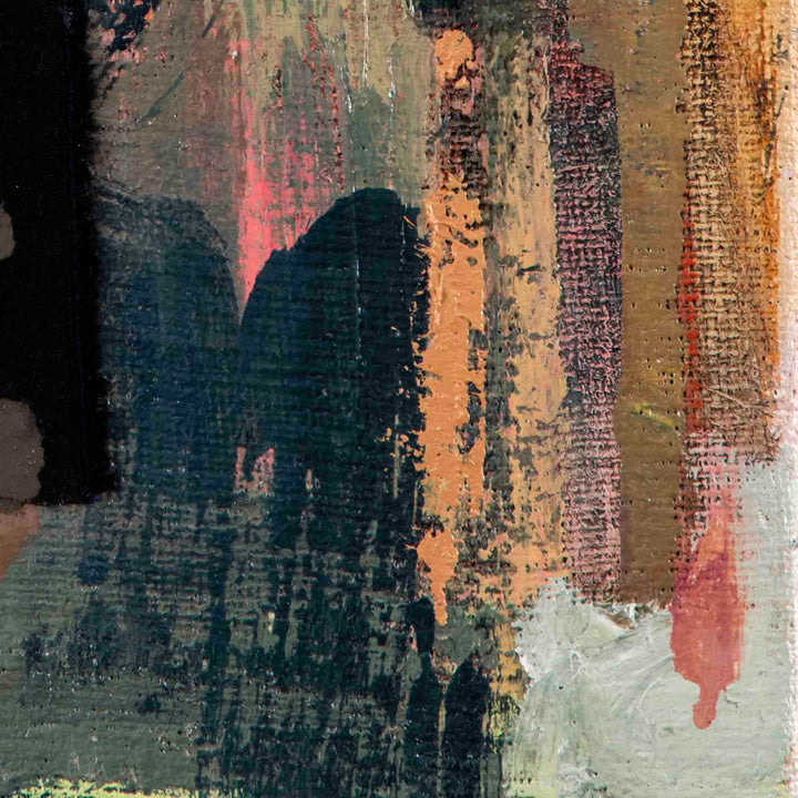 The artwork 'Metamorph' by Molly Herman features bold vertical brushstrokes in deep teal, coral pink, and earthy ochre tones on textured linen. Abstract expressionist composition with layered oil paint and collage elements creates a dramatic interplay of light and shadow, suggesting organic forms in transformation. 24x18 inches. By Molly Herman.