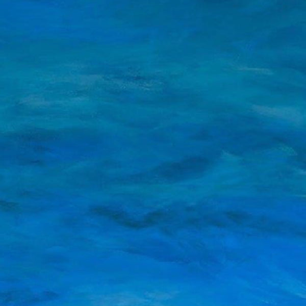 The artwork 'More in You' by Camilla Webster features mesmerizing layers of deep ocean blues and turquoise hues, creating a serene abstract seascape. The acrylic on canvas painting showcases fluid brushstrokes and subtle variations in color depth, evoking the tranquil movement of Caribbean waters. Framed, 41.75 x 57.7 inches.