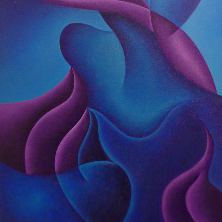 The artwork 'My Sullen Childhood' by Joe Piscopia features fluid, undulating shapes in deep purple and vibrant blue tones. Abstract curved forms create a dynamic composition reminiscent of flowing fabric or liquid motion. The acrylic painting on canvas showcases smooth transitions between colors and graceful organic patterns, expressing a dreamlike quality through its harmonious color palette.