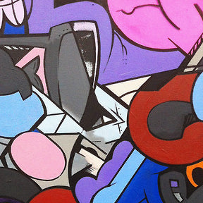 The artwork 'Nebula' by Ellannah Sadkin features a vibrant abstract composition with cartoon-inspired shapes in pink, purple, blue, and red. Bold black outlines create a graffiti-style aesthetic, with interlocking geometric and organic forms creating a dynamic, comic-influenced pattern on canvas. - by Ellannah Sadkin