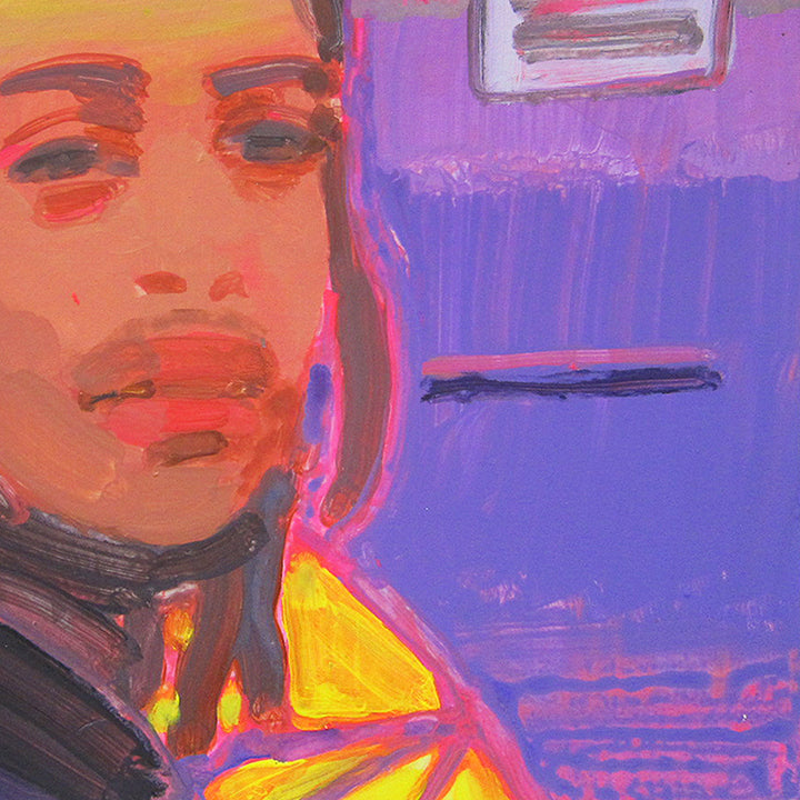 The artwork 'Nelson in Hi8' features a vibrant portrait rendered in acrylic on hardboard panel, showcasing expressive brushstrokes in bold oranges, purples, and yellows. The contemporary painting style combines warm and cool tones with dynamic color blocking, set against a rich purple background. The 12x9 inch piece demonstrates energetic mark-making and bold color choices by Michelle Selwa.