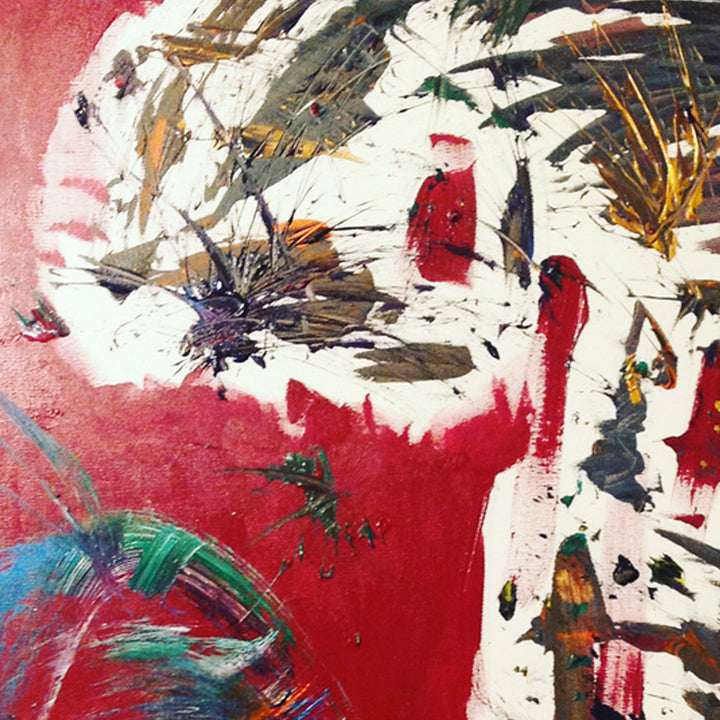 The artwork 'Never Been to Africa' by Dom Hiddo features bold abstract expressionist strokes with dramatic contrasts between vibrant crimson red and stark white. Dynamic brushwork creates explosive patterns with splashes of emerald green, golden amber, and deep purple accents. The composition suggests movement through aggressive paint application on linen canvas, measuring 40x30 inches. By Dom Hiddo.