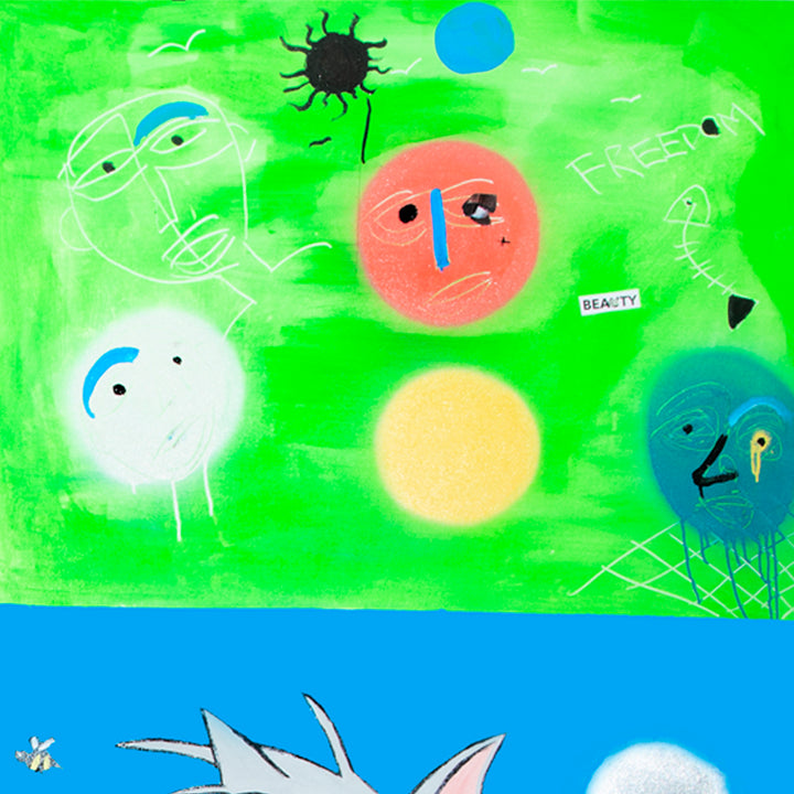 The artwork 'Never Drop Your Guard' by Cavier Coleman features abstract circular faces in vibrant colors including coral pink, white, and navy blue against a bright neon green background. A black sun symbol and geometric patterns add depth, while collage elements and dripping paint effects create texture. The bottom portion shows a bright blue section with paper elements, demonstrating mixed media techniques.