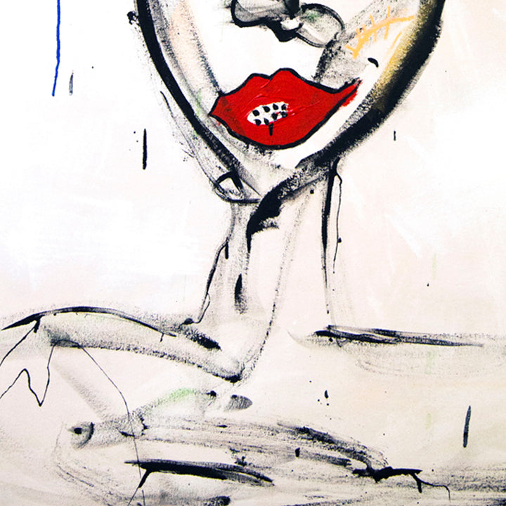 The artwork 'Never Spoon Feed' by Cavier Coleman features a minimalist sketch-style figure rendered in bold black brushstrokes on white canvas. A striking red lip with geometric details stands out against the monochromatic composition. The loose, expressive lines create a graceful, abstract form, showcasing contemporary acrylic technique on 40x30 inch canvas.