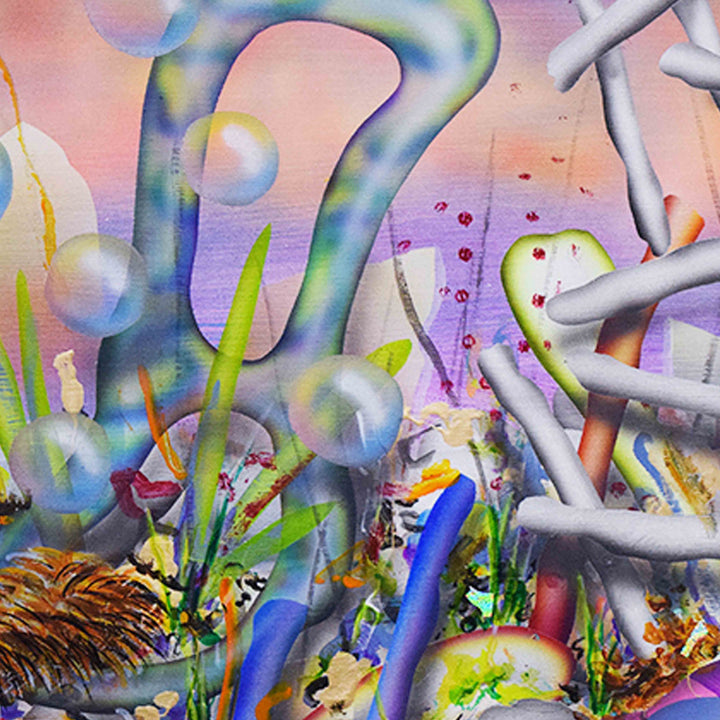 The artwork 'Nothing Very Smart' by Jon Duff features a surreal underwater landscape with iridescent curved forms in blues and greens, interspersed with white cylindrical structures. Vibrant acrylic brushstrokes create a psychedelic garden-like scene with coral-inspired shapes against a pink and purple gradient background, complemented by floating transparent spheres.