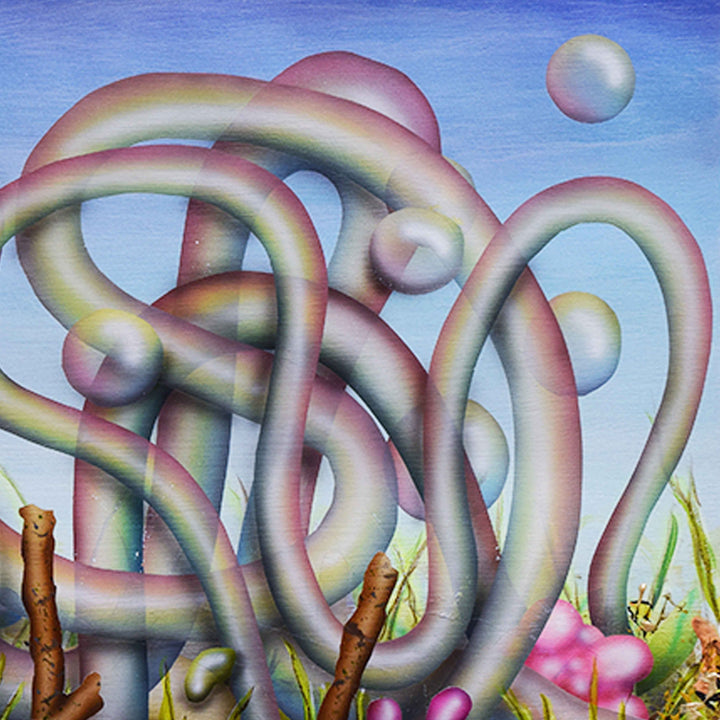 The artwork 'Nothing Very Smart 2' by Jon Duff features intertwining iridescent tubular forms in pearlescent pink, yellow, and white, rising against a serene blue sky. Brown tree branches and vibrant pink flowers emerge from the bottom, while a luminous sphere floats in the upper right corner. Acrylic on paper, creating a surreal, dreamlike composition.