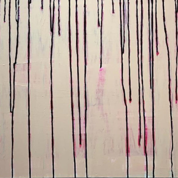 The artwork 'Nude and Black' by Camilla Webster features vertical dripping black lines against a textured nude background. The abstract composition shows controlled paint drips creating a rhythmic pattern, with subtle pink undertones emerging through the neutral canvas. The acrylic medium adds depth and dimension to this 36x48 inch contemporary piece.