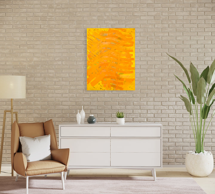 The artwork 'Orange Ebb' by Julie Shapiro features vibrant swirling brushstrokes in warm orange and yellow hues creating an abstract expressionist composition. Dynamic texture and movement are achieved through bold impasto oil paint technique on canvas, with flowing curved patterns suggesting natural ebb and flow. Abstract modern wall art measuring 36x28 inches by Julie Shapiro.