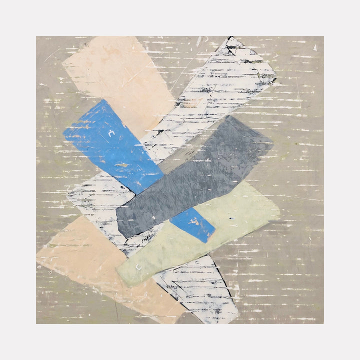 The artwork 'Crosshatch' by Shira Toren features overlapping geometric shapes in a contemporary abstract composition. Distressed textural elements in blue, peach, grey, and white create a layered effect against a neutral beige background. The intersecting rectangular forms display a weathered, painterly finish with crosshatching details, measuring 24 x 24 inches.