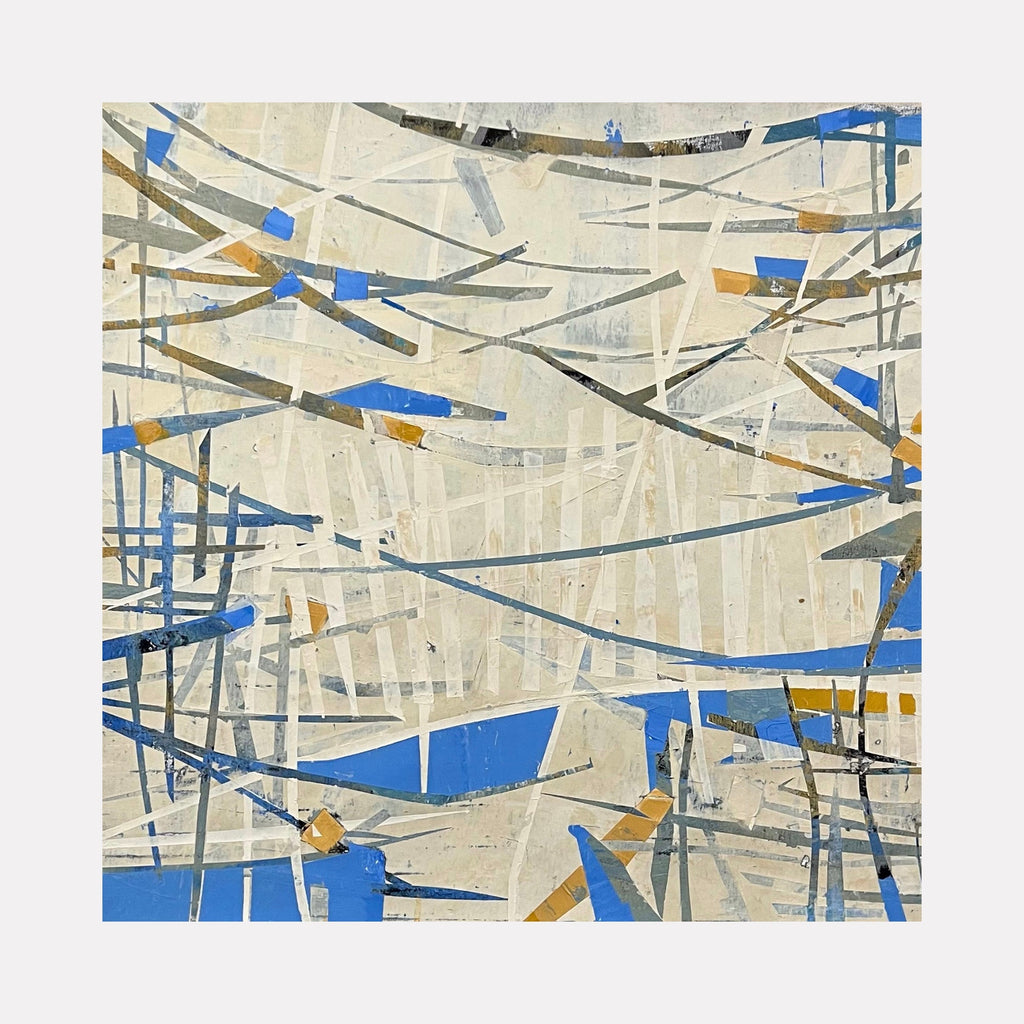 The artwork 'Curtain Call' by Shira Toren features intersecting abstract lines in vibrant blue and golden ochre against a cream background. The composition creates a dynamic network of crossing strokes, reminiscent of tangled ribbons or stage curtains. The 26x26 inch print combines geometric patterns with gestural brushwork, creating depth and movement through layered translucent effects.