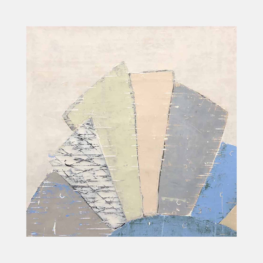 The artwork 'Hand Fan (Print)' by Shira Toren features an abstract fan-shaped composition with geometric segments in pastel colors including soft blue, pale peach, light sage green, and marbled grey. The textured surface suggests a mixed media approach with a distressed, weathered quality, creating a subtle interplay of colors across the 24x24 inch canvas.