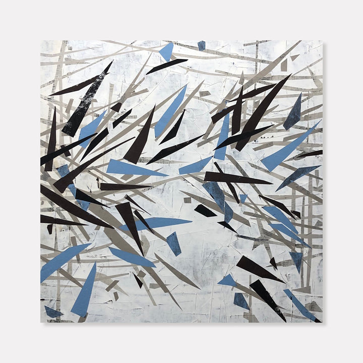 The artwork 'Icecles' by Shira Toren features dynamic abstract shapes in black and powder blue scattered across a white and grey background. Sharp angular forms create a sense of movement, resembling fractured ice or winter branches. The 24x24 inch contemporary painting combines geometric patterns with organic elements, expressing a modern, minimalist aesthetic.