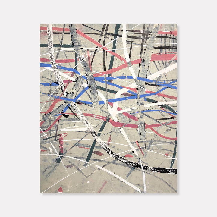 The artwork 'Electrification' by Shira Toren features an abstract composition of intersecting lines in red, blue, and black against a light gray background. Dynamic brushstrokes create a network of angular patterns, reminiscent of electrical circuits or urban infrastructure. The piece combines sharp geometric elements with subtle textural variations, measuring 48x40 inches.