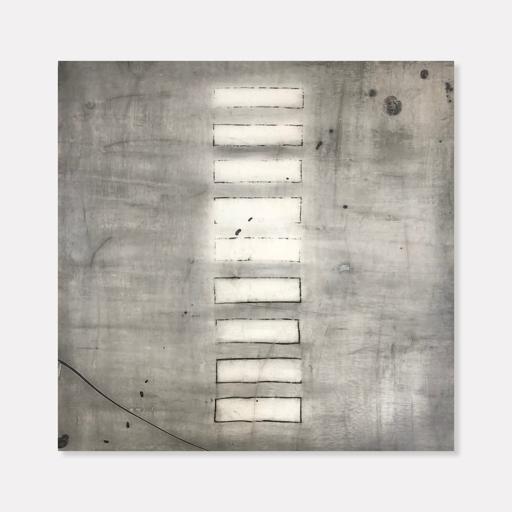 The artwork 'Limestone' by Shira Toren features a minimalist composition with ten white rectangular bars arranged vertically on a textured gray background. The abstract print showcases a distressed, industrial aesthetic with subtle scratches and marks across the 36x36 inch surface, creating a raw, contemporary feel. The geometric pattern appears to float against the weathered backdrop.