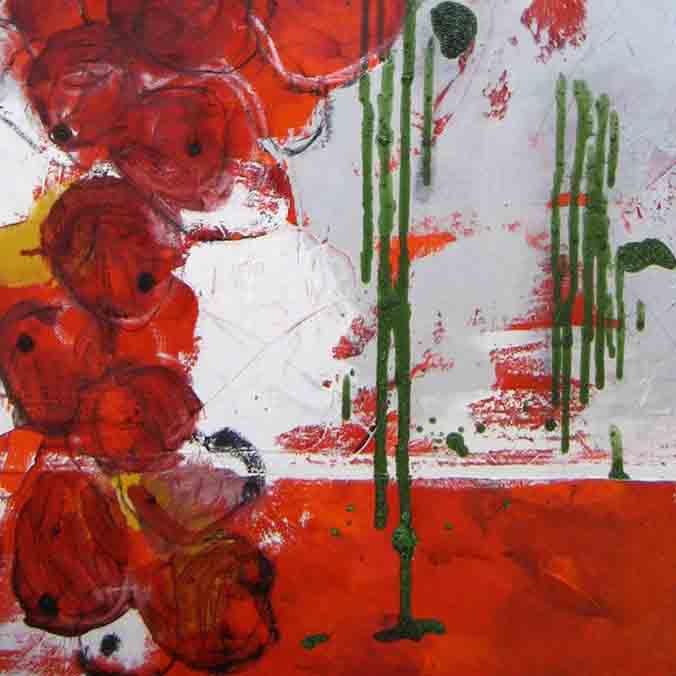 The artwork 'Palma' by Shira Toren features vibrant red circular forms clustered on the left side, reminiscent of abstract flowers or organic shapes, contrasting with vertical green linear elements on the right. The acrylic painting on canvas combines bold scarlet hues with crisp white negative space and emerald green accents, creating a dynamic contemporary composition that balances organic and geometric elements. By Shira Toren.