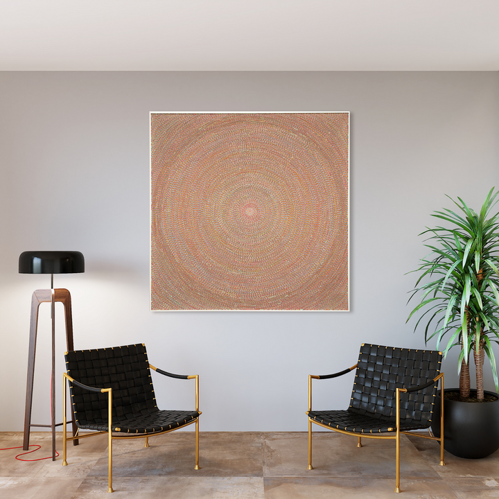 The artwork 'Grandma's Mints' by Lori Kirkbride features concentric circles in soft coral and peach tones, creating a mesmerizing spiral pattern. The acrylic and resin artwork on panel radiates outward from a luminous center, showcasing intricate dotwork technique and subtle color transitions. The square composition measures 60.875 inches in both height and width.