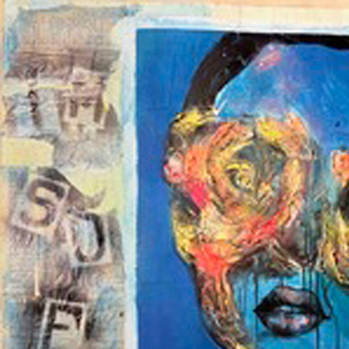 The artwork 'Point of View' by Esteban Jimenez Guerra features an expressive abstract portrait rendered in vibrant acrylics against a deep blue background. The collage element includes numerical text on a weathered gray surface. The painting combines bold brushstrokes in coral, yellow and turquoise, creating a dynamic and emotive composition on canvas.