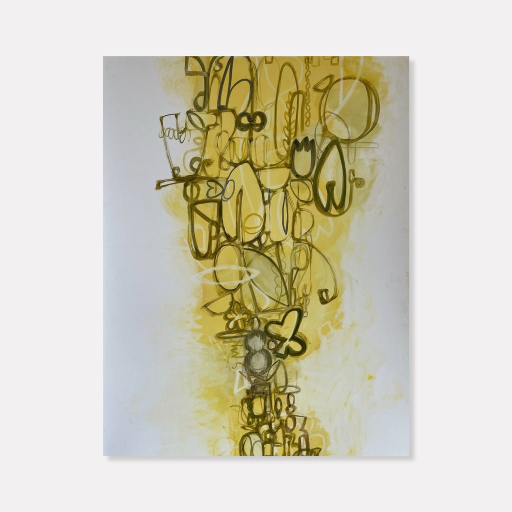 The artwork 'Eight' by Janice La Motta features abstract linear compositions in dark olive tones against a luminous yellow wash background. The piece showcases spontaneous, calligraphic marks flowing vertically, creating intricate patterns reminiscent of musical notation or ancient script. The fluid lines interweave to form interconnected shapes and symbols, measuring 26 x 20 inches. By Janice La Motta.