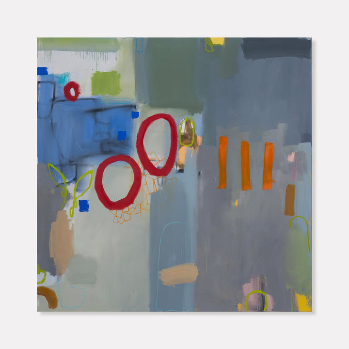 The artwork 'March' by Janice La Motta features an abstract composition with bold red circular forms and orange vertical stripes against a muted grey-blue background. Energetic brushstrokes and geometric shapes create a dynamic interplay, with touches of yellow, green, and beige adding depth. The 60x60 inch print showcases a contemporary abstract expressionist style by Janice La Motta.