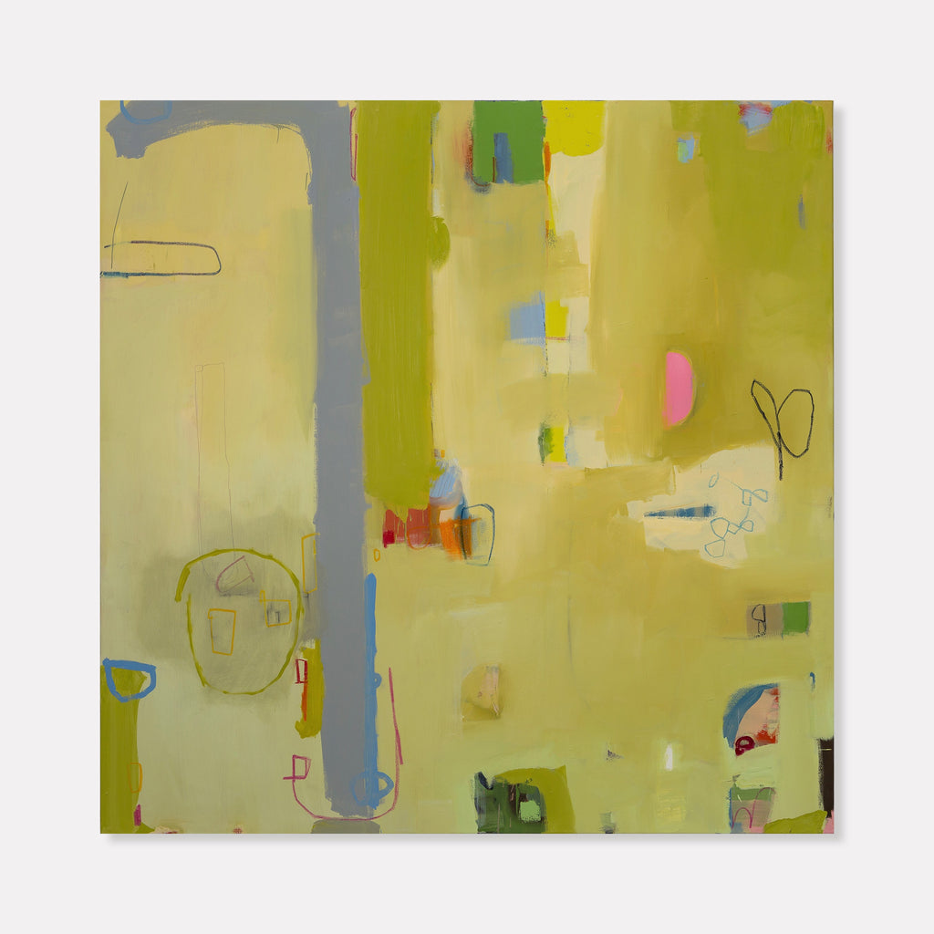 The artwork 'Mariposa' by Janice La Motta features an abstract composition on a luminous yellow-green background. Subtle geometric shapes and organic forms float across the canvas, including a vertical blue stripe and delicate line drawings. Small patches of pink, blue, and gray create a playful rhythm against the ethereal backdrop. The 60x60 inch print showcases a contemporary minimalist style with gestural elements.