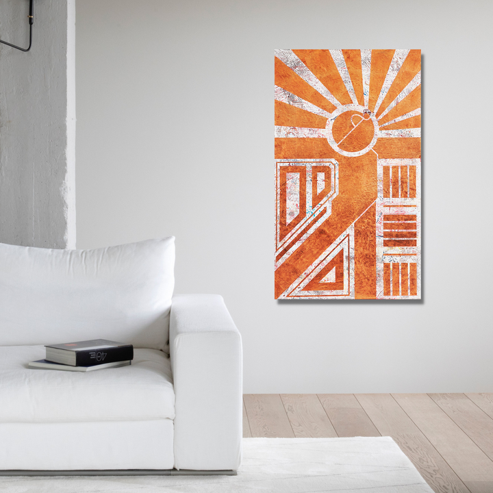 The artwork 'REGENERATION' by Yusuke Ochiai features a striking geometric composition in vibrant orange and copper leaf. Abstract sunburst rays emanate from a circular form, complemented by angular architectural elements and linear patterns. Created in acrylic and copper leaf on canvas, this modern piece combines Art Deco influences with contemporary minimalism. By Yusuke Ochiai.