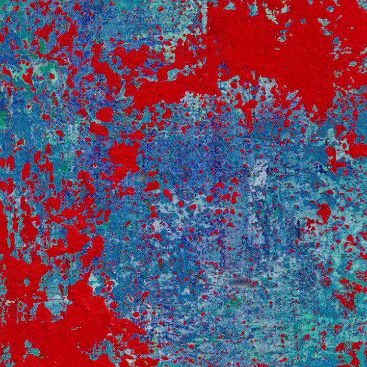 The artwork 'Red Splash' by Jacqueline Ferrante features vibrant abstract patterns with bold red splashes against a textured blue-turquoise background. Dynamic splatters and organic shapes create a striking contrast, reminiscent of aerial views or topographical maps. The acrylic on Dura-Lar medium creates depth and movement throughout the 14x11 inch composition by Jacqueline Ferrante.