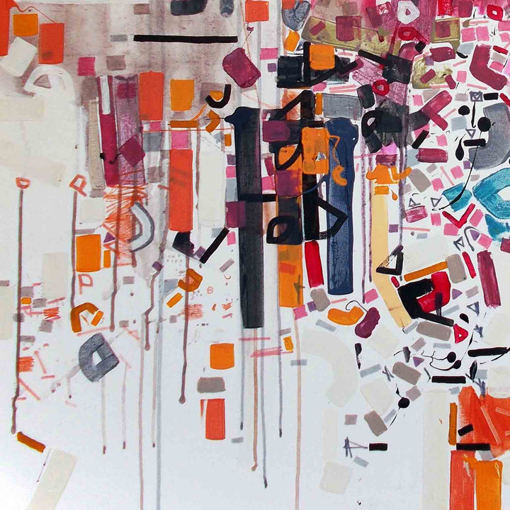 The artwork 'Red Theo Butter' by Philippe Halaburda features an abstract composition with dynamic vertical elements in vibrant orange, red, and burgundy tones against a white background. Geometric shapes, including rectangles and curved forms, cascade downward creating a rhythmic pattern. Black linear elements intersect with soft pink and turquoise accents, expressing a contemporary mixed-media aesthetic on stretched canvas by Philippe Halaburda.