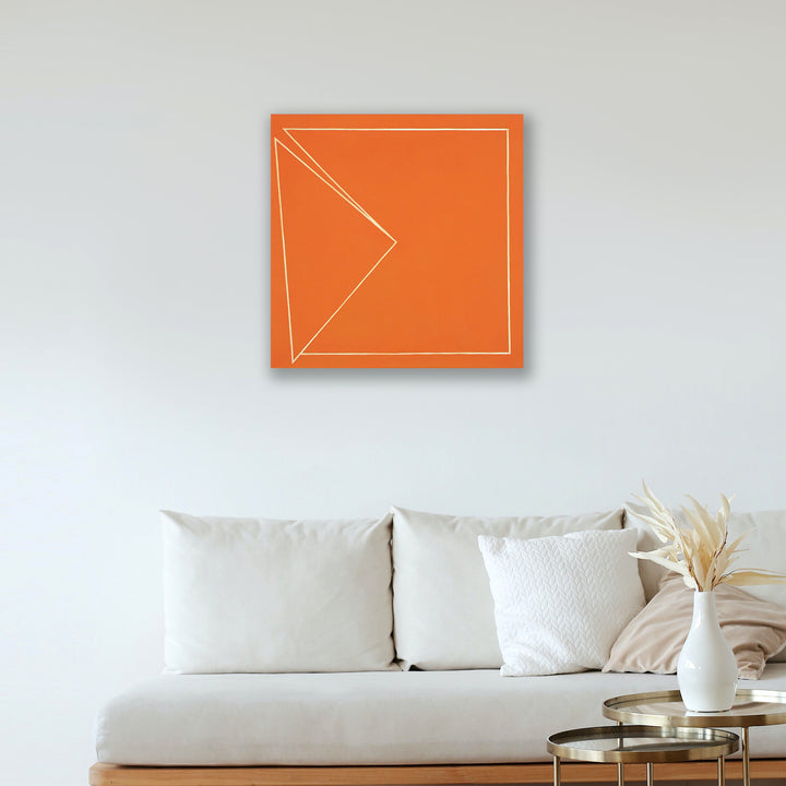 The artwork 'Restoral' by Shyun Song features a striking orange square canvas with minimalist geometric lines in white, creating an abstract angular design. The composition displays a modern, minimalist aesthetic against a white wall, showcasing clean lines and bold color choices in oil paint. 30x30 inches oil on canvas by Shyun Song.