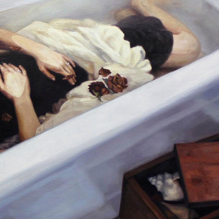 The artwork 'Sally Dreams' by Elody Gyekis features a serene oil painting depicting a reclining figure in flowing white fabric, with delicate brown roses scattered across the composition. Rich contrasts between dark and light elements create depth, while soft brushstrokes capture the ethereal quality of fabric folds against a muted background. 36x48 inches oil on canvas by Elody Gyekis.