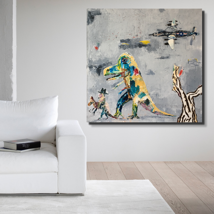 The artwork 'Scientific American' by Andrew Chan features a vibrant dinosaur figure in turquoise, yellow, and multicolored hues against a grey textured background. The abstract expressionist painting includes dynamic elements like a stylized tree and aircraft, creating a playful juxtaposition of prehistoric and modern themes. Oil and wax on canvas, 50x50 inches.