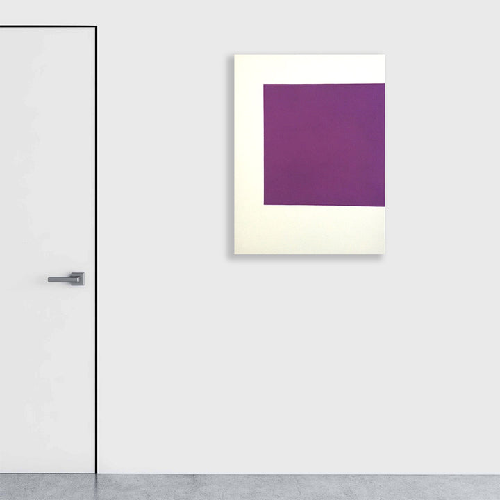 The artwork 'Sense' by Shyun Song features a minimalist composition with a striking purple square centered on a cream-colored canvas. The geometric abstract design showcases sharp, clean lines and rich color contrast, creating a bold contemporary statement in oil on canvas, measuring 40 inches by 30 inches.