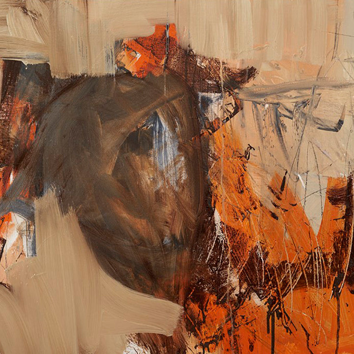 The artwork 'Should Have Known You Were Going To Make Me Cry' features bold brushstrokes in rich burnt orange and deep browns against a neutral beige background. Abstract expressionist composition with dynamic gestural marks and textural contrasts in oil on linen. Dramatic interplay of light and shadow creates emotional depth. By Petra Nimtz.