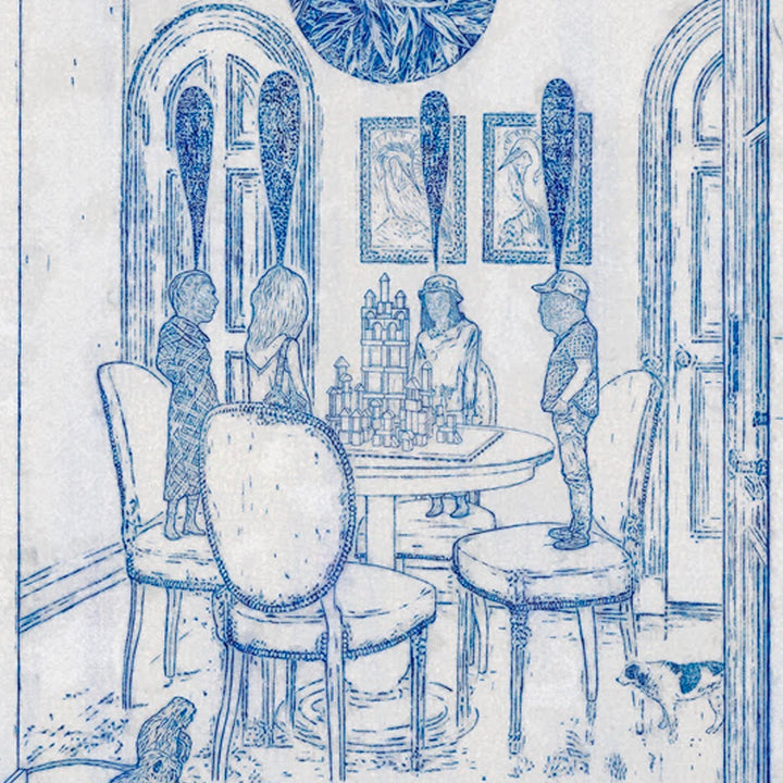 The artwork 'SmallpeopleOnchairs3monkeys2dogs' by Steve Moors depicts a whimsical interior scene rendered in blue and white, featuring elegant chairs around a circular table. The room has arched windows and decorative wall art. Two small dogs are visible in the scene. The monochromatic illustration has a delicate, sketch-like quality, showcasing intricate architectural details and furniture design, presented as a 27x27 inch acrylic face-mounted p